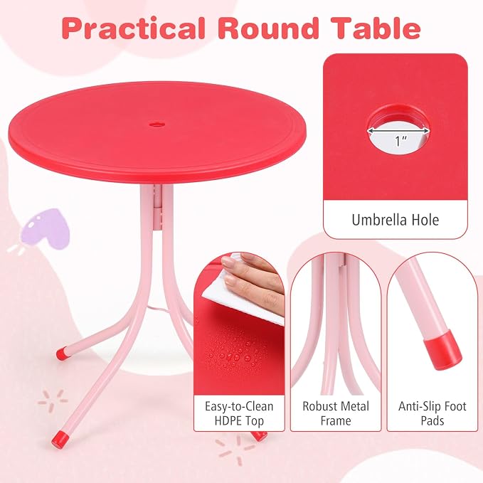 KOTEK Kids Picnic Table with Umbrella, Outdoor Table & 2 Folding Chairs, Cute Pattern Children’s Patio Furniture, Portable Kids Table and Chair Set for Backyard, Garden, Beach (Pink Butterfly)