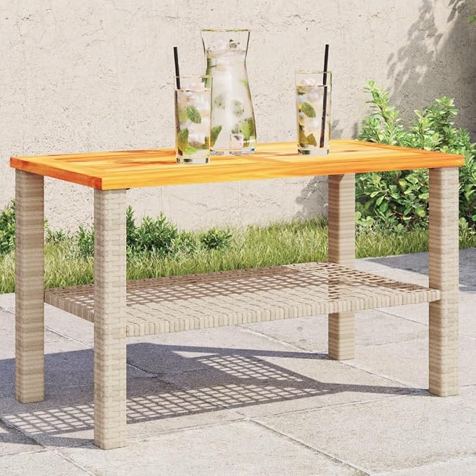 Outdoor Garden Table with Acacia Wood Top, 27.6x15x16.5 Inch Poly Rattan Patio Table, Powder-Coated Steel Frame for Backyard