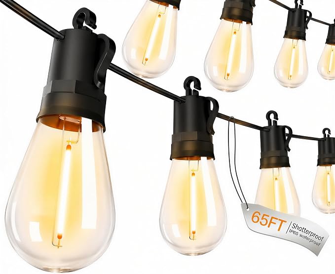 Outdoor String Lights Patio LED - Light Outside Waterproof S14 Porch Lighting Edison Plastic Bulb Pergola Hanging Balcony Connectable Backyard Yard Gazebo Party Garden Bistro 20M 65FT