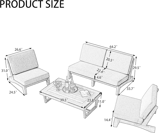 4 Piece Teak Outdoor Patio Frutnire Set, 5 Seater Patio Conversation Sets with Thick Cushions, Outdoor Sectional Furniture with Coffee Table - Dark Gray