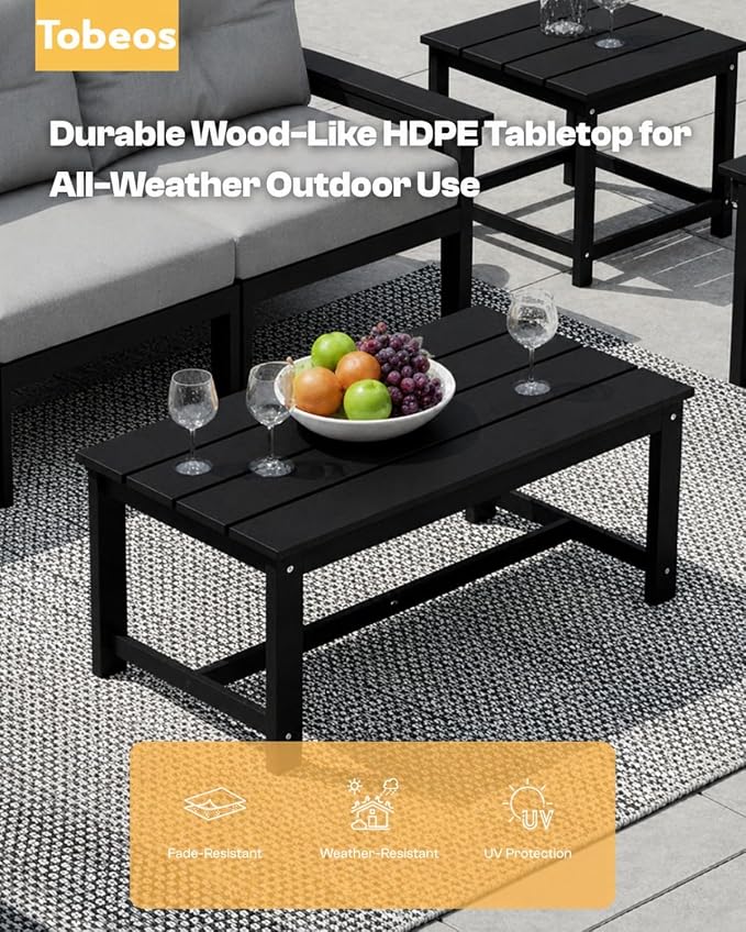 HDPE 4 Piece Patio Furniture Set, All-Weather Outdoor Couch with Thick Cushions & Coffee Table & Side Table, Patio Conversation Sets for Lawn, Garden, Porch, Balcony, Deck, Poolside,Black Grey