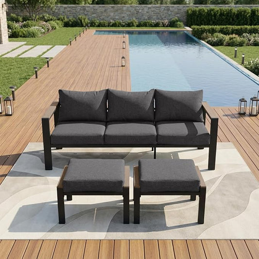 Outdoor Patio Furniture Set 3 Seats Sofa and Ottomans with Washable Thick Cushions, All-Weather Luxury Aluminum Modern Outside Sectional Set for Porch, Balcony, Deck, Yard, Dark Gray
