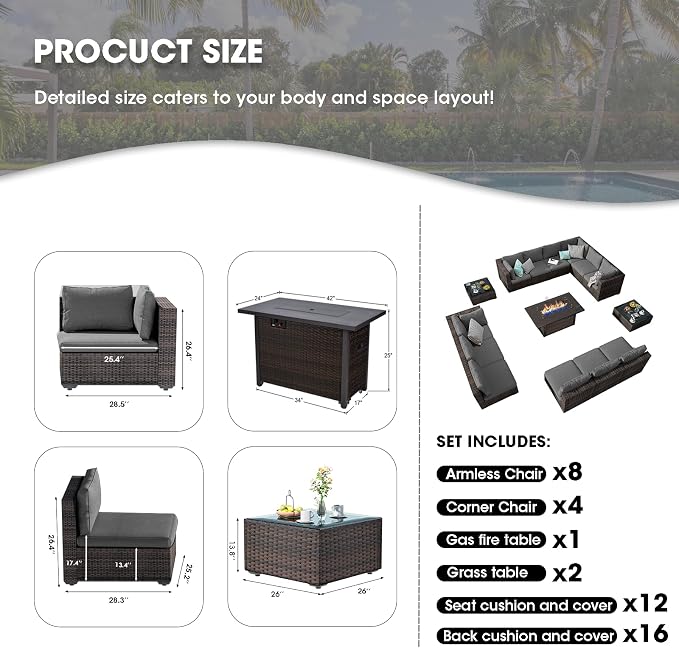 15 Piece Patio Furniture Set with 44" Fire Pit Table, Outdoor Sectional Couch, PE Rattan Patio Conversation Sets with 4inch Cushions for Backyard Grey