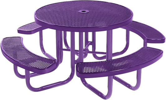 COATEDOUTDOORFURNITURE Heavy-Duty Portable Outdoor Picnic Table with Umbrella Hole, Punched Steel Commercial-Grade Patio Furniture Made in America (46" Round Top, Purple with Purple Frames)