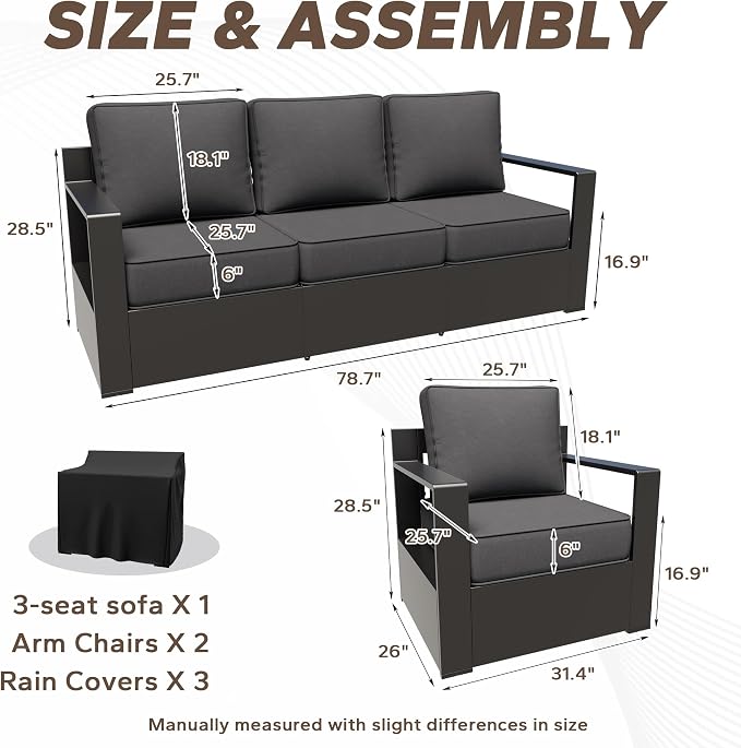 Aluminum Patio 79" Sofa Set with 2 Armchairs, All Weather Outdoor Conversation Furniture Set with Metal Armrest & 6" Water-Resistant Cushions & Furniture Covers for Deck Porch (Grey)
