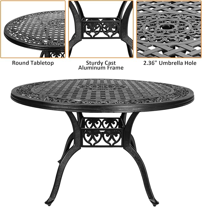 Outdoor Dining Table for 4-6 Person, 48.23" Cast Aluminum Patio Table with 2.36" Umbrella Hole, Outdoor Bistro Table for Backyard, Garden, Patio