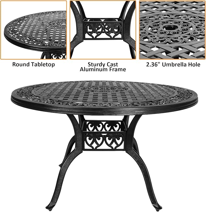 Patio Dinning Set Weather Resistant Cast Aluminum Patio Furniture Set with Umbrella Hole, Bistro Dining Set for Garden (48" x 48" Table B and 4 Chairs Black, 5 Pieces)