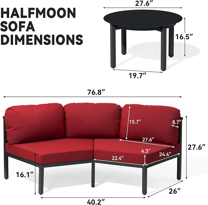 Crestlive Curved Patio Furniture Set, Modular Half Moon 6-Seater Sofa with Round Coffee Table, Aluminum Outdoor Sectional with 4.3" Cushions, All-Weather Couch for Backyard, Deck, Porch, Poolside