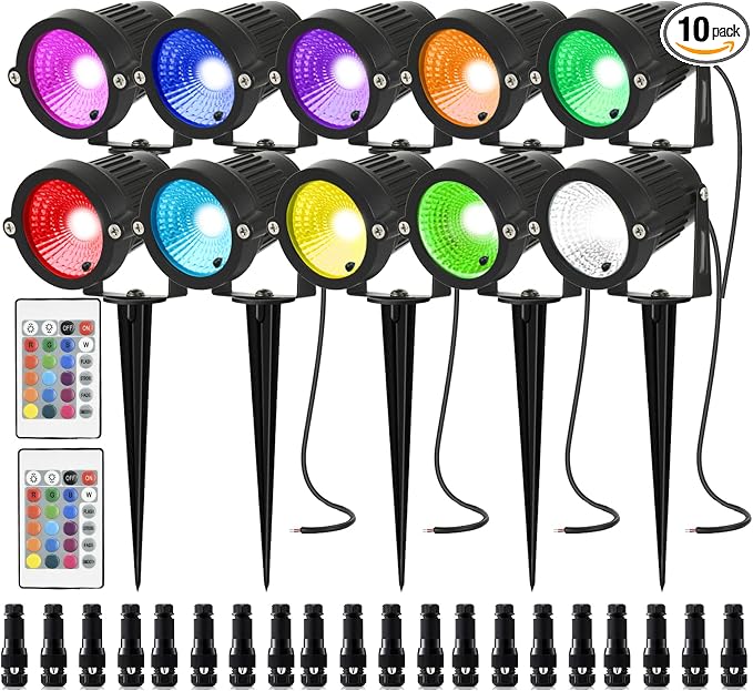RGB Halloween Low Voltage Landscape Lights Color Changing 5W LED Landscape Lighting Outdoor Waterproof Remote Control for Garden Pathway Christmas Decorative Lighting, 10 Pack with Connector