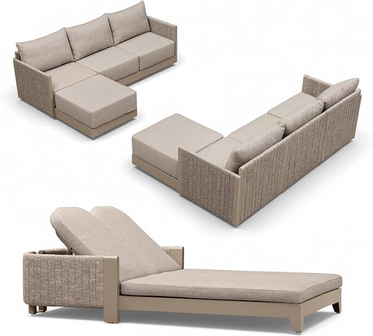 PURPLE LEAF Patio Furniture Set with 2-Person Chaise Lounge 9 Pieces Outdoor Conversation Sets Patio Sofa with Cushions and Coffee Table Deep Seating Furniture for Porch Lawn Backyard Beige