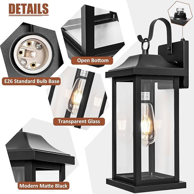 Dusk to Dawn Outdoor Lighting Wall Mounted 17 Inch Black | 2 Pack Exterior Light Fixtures Photocell Sensor, Porch Lights Waterproof, Outside Wall Sconces Garage Coach Lamps, ETL List