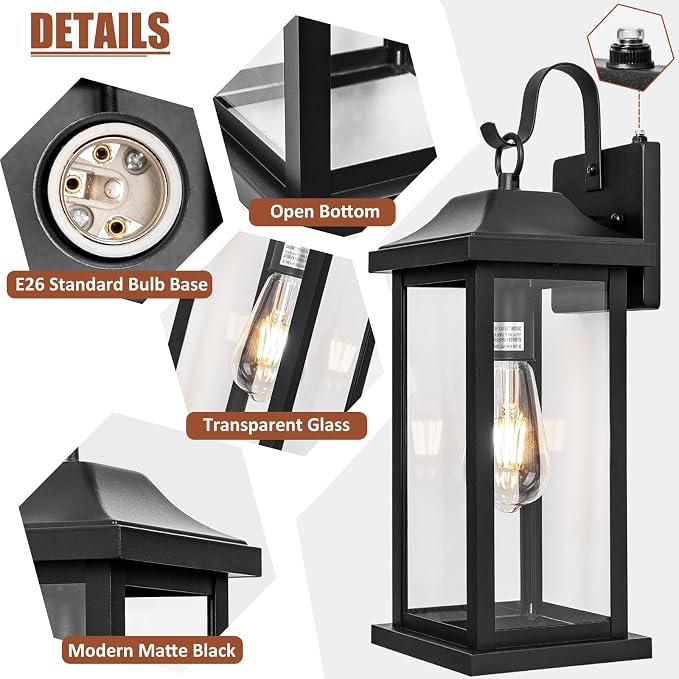 oravilila Dusk to Dawn Large Outdoor Wall Light 17 Inch | 1 Pack ETL Listed, Photocell Sensor Exterior Light Fixture Front Porch, Matte Black Outside Wall Sconce Lantern