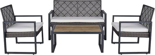 5-Piece Boho Patio Furniture Set, PE Rattan & Acacia Wood Outdoor Conversation Set for Porch, Garden, Backyard, Balcony