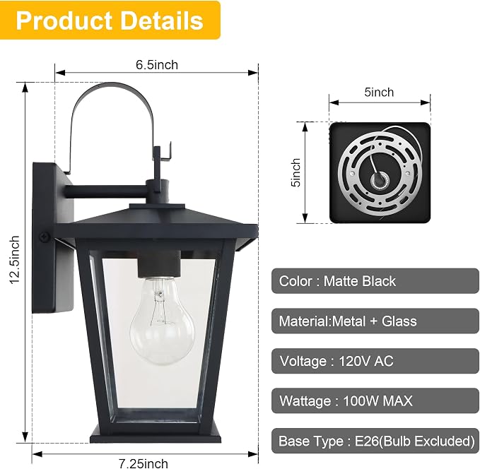 Outdoor Wall Lantern 2 Pack, Waterproof Exterior Wall Mount Light with Clear Glass in Black Finish, Porch Outside Lighting for Entryway, Backyard, Patio, E26 Base, Clear Glass 12.5 in