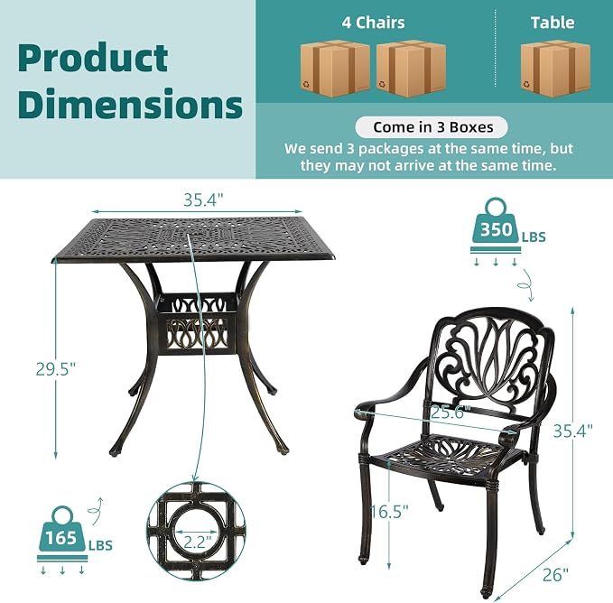 MEETWARM 5-Piece Outdoor Patio Dining Set, All-Weather Cast Aluminum Patio Conversation Set for Backyard Garden Deck with 4 Chairs and 35.4" Square Table, 2.2" Umbrella Hole