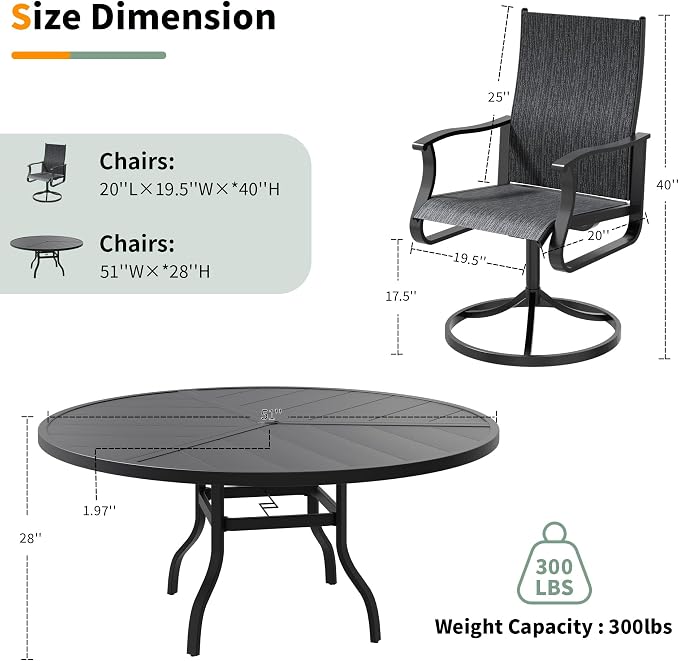 UDPATIO 7 Piece Outdoor Patio Dining Set with 51" Round Table & 6 Outdoor Swivel Rocker Dining Chairs with All Weather Textilene High Back & Metal Frame, Outdoor Table and Chairs Set for Backyard