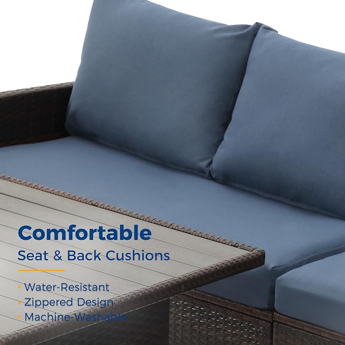 Wisteria Lane 7 Pieces Patio Furniture Set Outdoor Furniture Sectional, High Back Outdoor Patio Dining Table Set, Wicker Patio Conversation Set with Cushions for Balcony Lawn and Garden, Blue