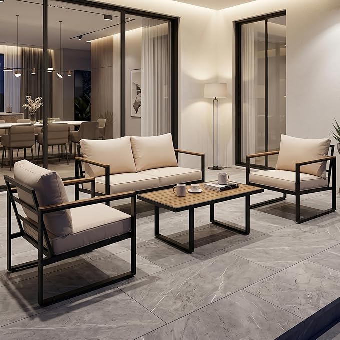 Modern Patio Furniture Set, 4 Pieces Outdoor Conversation Set with Coffee Table, Metal Patio Furniture with 4" Washable Foam Cushions, Ships in 1 Box, Beige