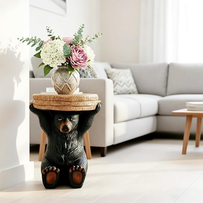 20.8" H Rustic Black Bear Side Table - Outdoor Side Table & Outdoor Decoration,Fibre Reinforced Concrete and Weatherproof, Bear Statue for Garden, Porch, Patio, Balcony or Living Room Decor