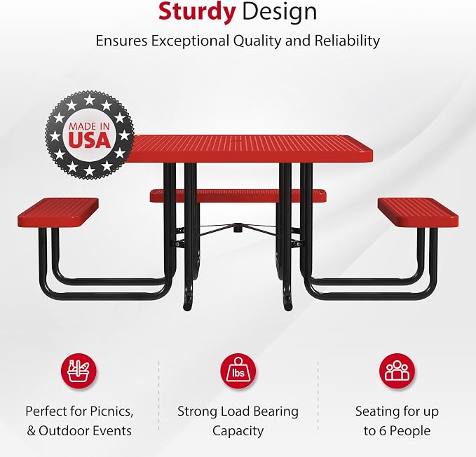 Leisure Craft Metal Picnic Table with Bench - 46" Square Outdoor Dining Table with Umbrella Hole, Heavy Duty Thermoplastic Coating, ADA Compliant, Commercial Grade Furniture Made in USA - Red