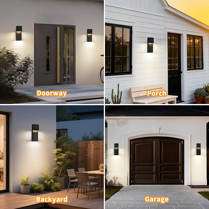 15'' Modern LED Outdoor Wall Sconce, Black Dusk to Dawn Wall Lights | Auto ON-OFF, Waterproof Exterior House Lights, Hardwired Front Porch Light Fixtures, Metal, 3000K, 2 Pack, Easy to Install