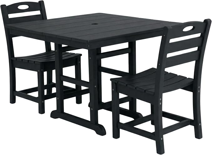 WILLIAMSPACE 37.8" Outdoor Patio Dining Set with 2 Armless Chairs, All Weather HDPE Square Dining Table with Umbrella Hole, Patio 3-Piece Bistro Set for Backyard, Balcony, Lawn, Kitchen (Black)