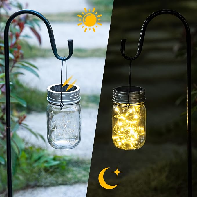 GIGALUMI Hanging Mason Jar Solar Lights, 6 Pack 30 Led Hanging Lantern | Solar Lanterns Outdoor Waterproof, Hangers and Jars Included, Outdoor Decor for Balcony, Garden, Patio, Yard, Wedding