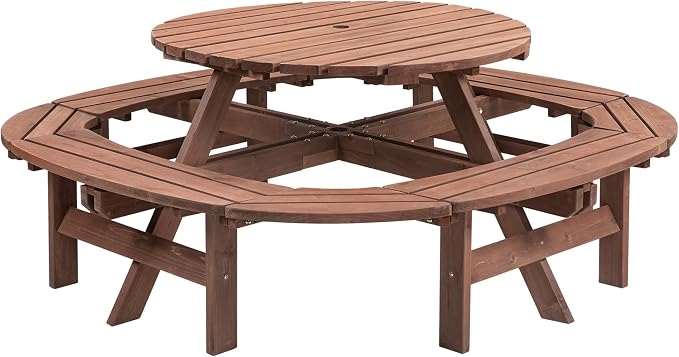 HomVent 10-Person Solid Wood Picnic Table for Patio Backyard Garden Outdoor Circular Picnic Table Set with Built-in Benches & Umbrella Hole, 500lb Capacity - Walnut