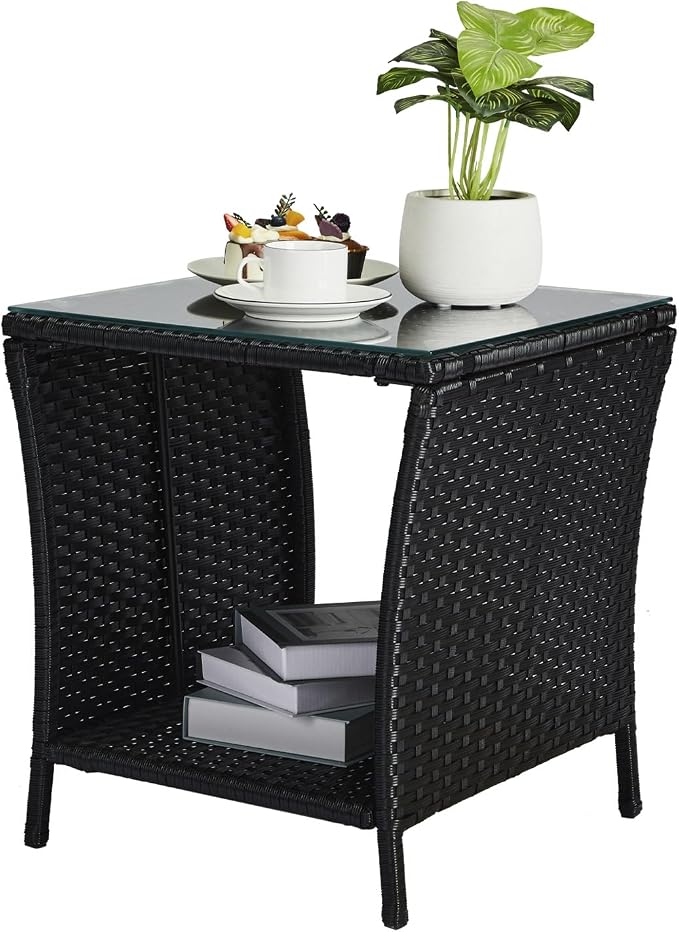 Wicker Rattan Side Table,Outdoor Patio Wicker Side Table, Square End Table Bistro Coffee Table with Glass Top Storage Shelf for Porch Garden Backyard Black