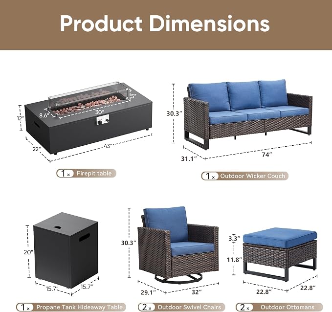 HUMMUH Patio Furniture Set with Fire Pit Table,7 Piece Wicker Outdoor Conversation Sets -Outdoor Swivel Rocker Chairs Patio Sofa for Porch,Garden,Backyard