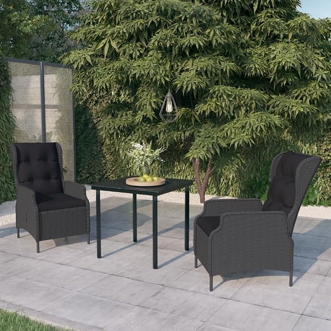 3 Piece Patio Dining Set Dark Gray Outdoor Furniture with Adjustable Reclining Chairs, PE Rattan Steel Frame, Glass Table for Garden Backyard Deck Entertaining
