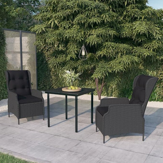 3 Piece Patio Dining Set Dark Gray Outdoor Furniture with Adjustable Reclining Chairs, PE Rattan Steel Frame, Glass Table for Garden Backyard Deck Entertaining