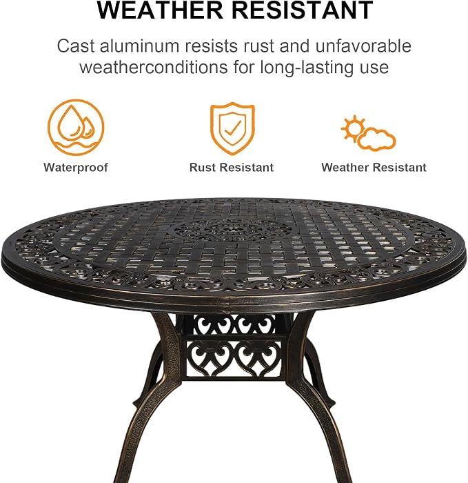 48.23" Patio Dining Table, All-Weather Cast Aluminum Table with 2.36" Umbrella Hole, Patio Furniture Table, Outdoor Dining Table for Backyard and Poolside