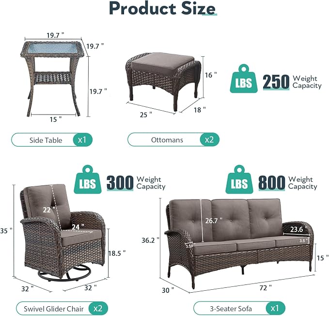 6 Piece Patio Furniture Set - Wicker Patio Conversation Set with Swivel Glider, 3-Seater Sofa, Tempered Glass Side Table and 2 Ottomans for Deck Backyard - Brown Wicker Grey Cushion