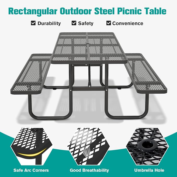 Picnic Tables for Outdoors with Umbrella Hole-Coated Steel Heavy Duty Commercial Grade Table with Seats,Commercial Metal Picnic Tables,Heavy Rectangular Furniture Set for a Lifetime (Black)