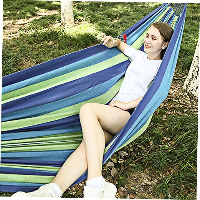 Generic Double Canvas Garden Hammock for Outdoor Travel and Camping, Portable Widened Two-Person Swing with Thickened Blue Material Suitable for Adults