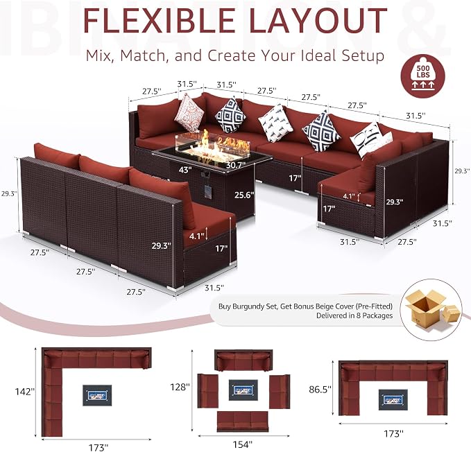 NICESOUL 11 Piece Outdoor Furniture Set with Firepit, Luxury 10-Person Patio Sectional Sets, 29.3'' High-Back Backyard Seating, All-Weather Rattan Couch Sofa for Outside, Deck, Brown & Red
