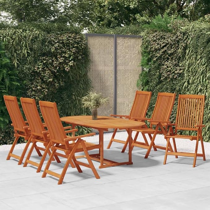 7-Piece Solid Eucalyptus Wood Patio Dining Set, Reddish-Brown | Includes 1 rectangular table and 6 chairs with a protective oiled finish, seating 6 people for backyard dining.