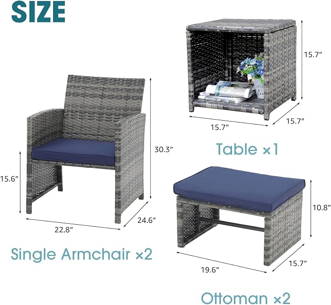 OC Orange-Casual 5 Piece Patio Furniture Set, Wicker Outdoor Conversation Chair and Ottoman Set with Coffee Table, for Balcony, Porch, Deck, Navy Blue