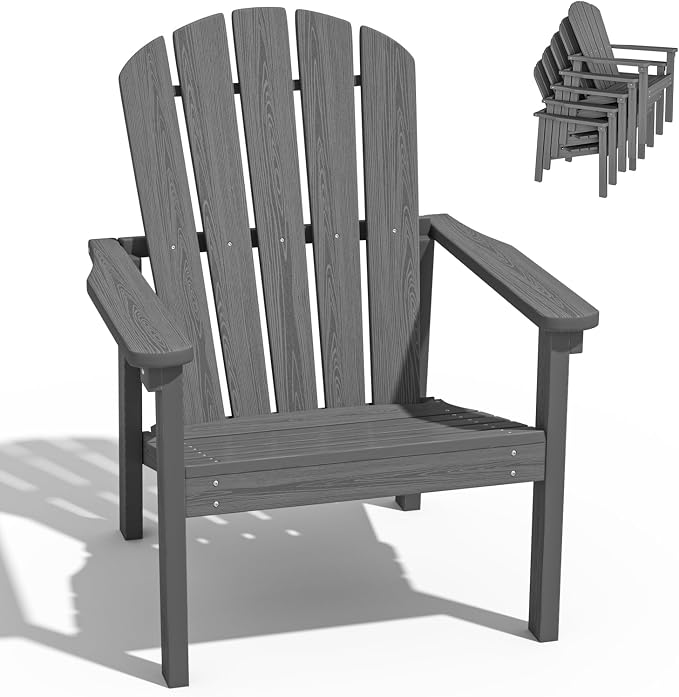 nevilywood Compact Stackable Adirondack Chairs,All Weather HDPE,380lb,Grey | 26.3" Wide HDPE.All-Weather Outdoor.Maintenance-Free.Stackable for Storage.25°Curved Straight Backrest.Quick Assembly