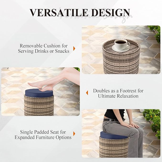 Cabana Chic Nesting Tables with Ottomans, Outdoor Round Side Table, Nesting Coffee Table Set, 2 Tables 1 Ottoman, Brown/Blue