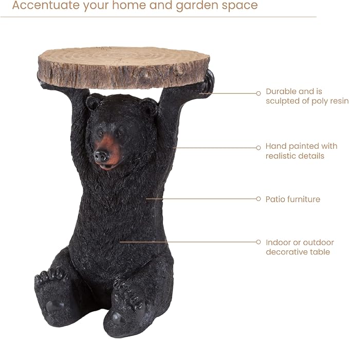 Bits and Pieces - Decorative Bear Accent Table - Realistic Bear Table - Indoor or Outdoor Resin Sculpture Patio Side Table - 20.5” x 13” x 14”