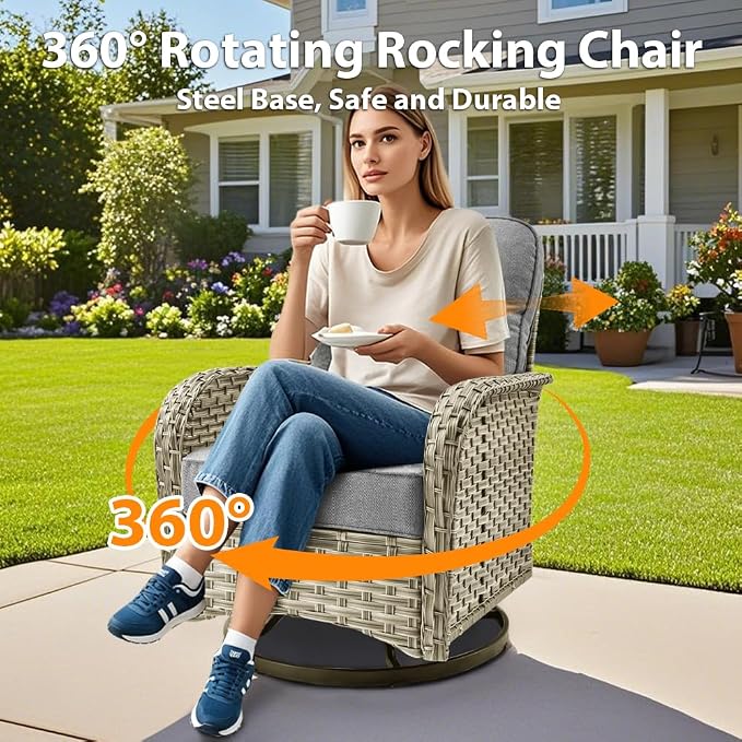 9 Pieces Patio Sectional Furniture Set, Outdoor Wicker Sectional Couch with Firepit Swivel Rocker Chairs Solar Lights Table, Modern Conversation Set for Porch Balcony Backyard, Dark Gray