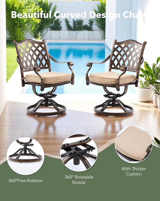 7 Piece Cast Aluminum Outdoor Dining Set, Retro Patio Dining Furniture Set for 6 Includes 59” Rectangular Table 6 Lattice Chairs with Thicker Cushions and Umbrella Hole for Porch Poolside Garden