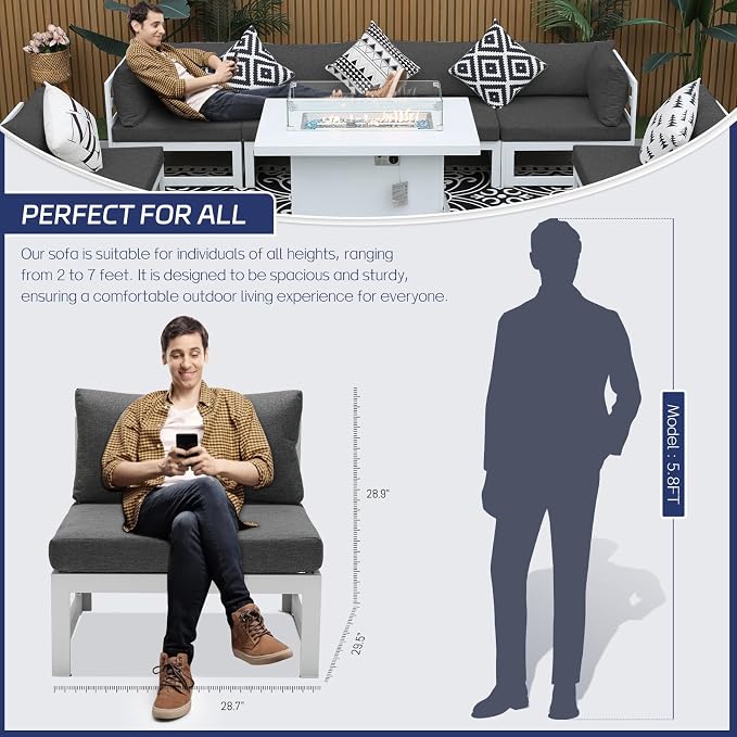 BULEXYARD 9 Piece Modern Aluminum Patio Furniture Set with Fire Pit Table, 500 lbs Heavy Duty Outdoor Sectional Sofa, 29" Deep Wide Oversize Seating Conversation Couch for Garden Exterior, Dark Gray