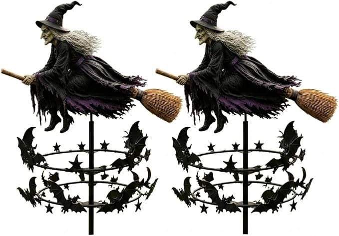 The Enchanted Witch Garden Wind Spinner, Metal Halloween Yard Art Outdoor Decor, Outdoor Garden Stake Decoration, Halloween Lawn Ornament, for Garden Patio Pathway Fall Decorations (2PCS)