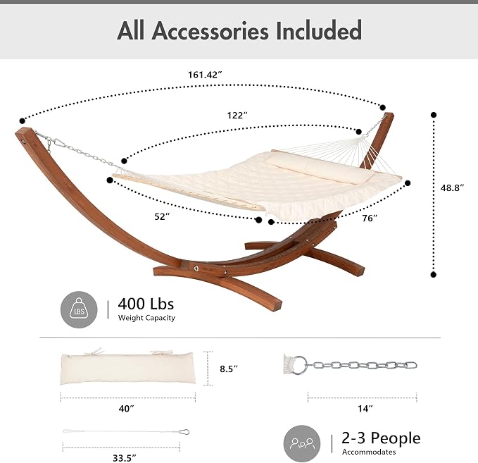 ANOW Heavy Duty Curved Wood Arc Stand with 2 Person Rope Hammock, 13.5FT Larch Wood Stand with 2 Chains, 4 Balance Ropes and 4 Carabiners, Includes Cream Hammock with Spreader Bars