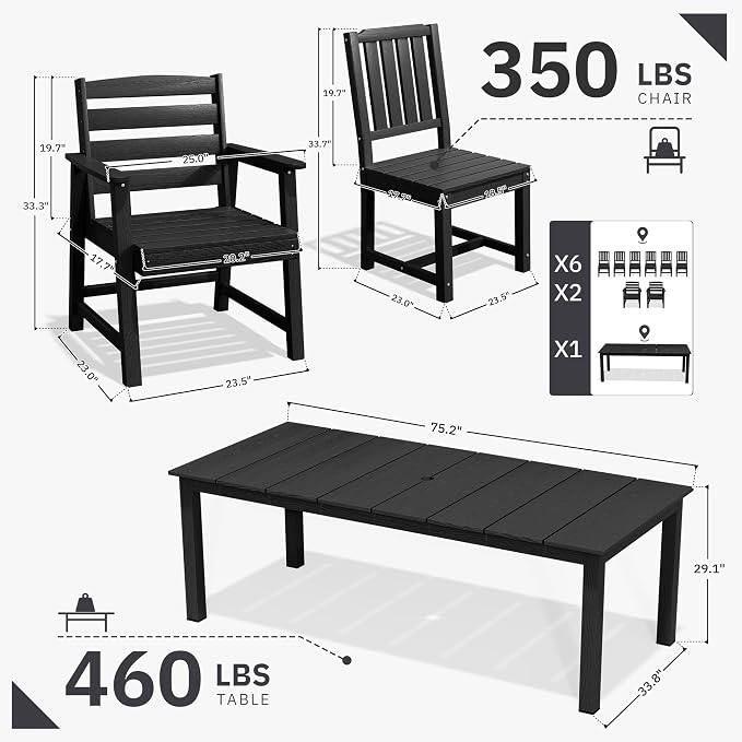 AreShark Patio Dining Chair Set of 2,All Weather HDPE Outdoor Dining Armchairs with Wide Seat and Backrest,Weatherproof Patio Chairs for Garden,Backyard,Deck,Black