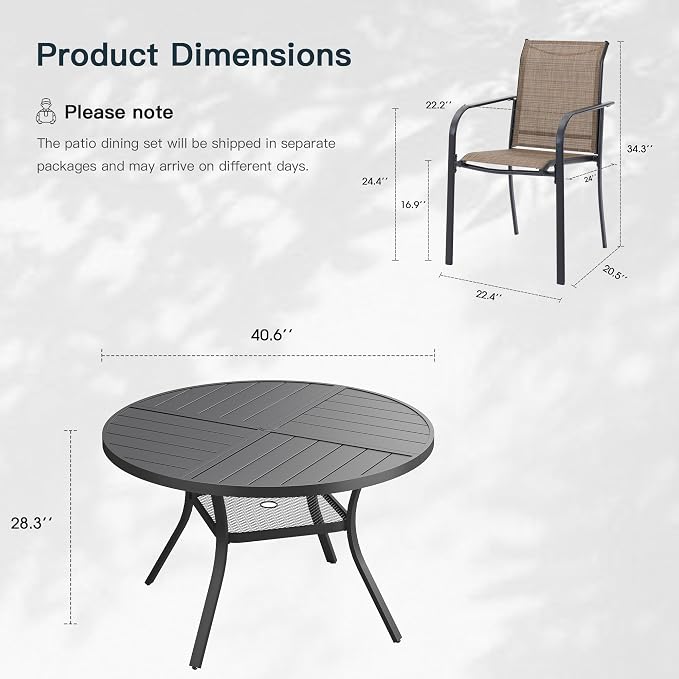 VICLLAX 5 Pieces Patio Outdoor Dining Set, 40.6" Round Metal Table with Umbrella Hole and Storage Shelf, 4 Stackable Textilene Chairs for Patio, Lawn, Garden, Porch, Black/Brown