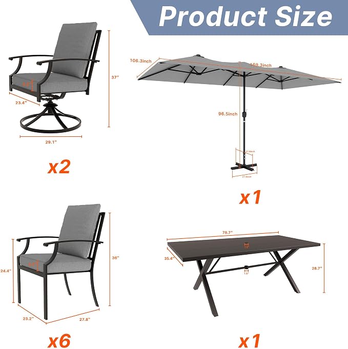 Gotland 9 Piece Outdoor Dining Table and Chairs for 8 with 14Ft Double-Sided Umbrella, Rectangular Patio Dining Table with Umbrella Hole with 2 Swivel Rocking Dining Chairs Outdoor Patio Set